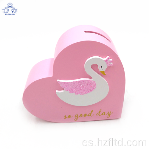 Hucha de madera con forma de corazón cisne blanco